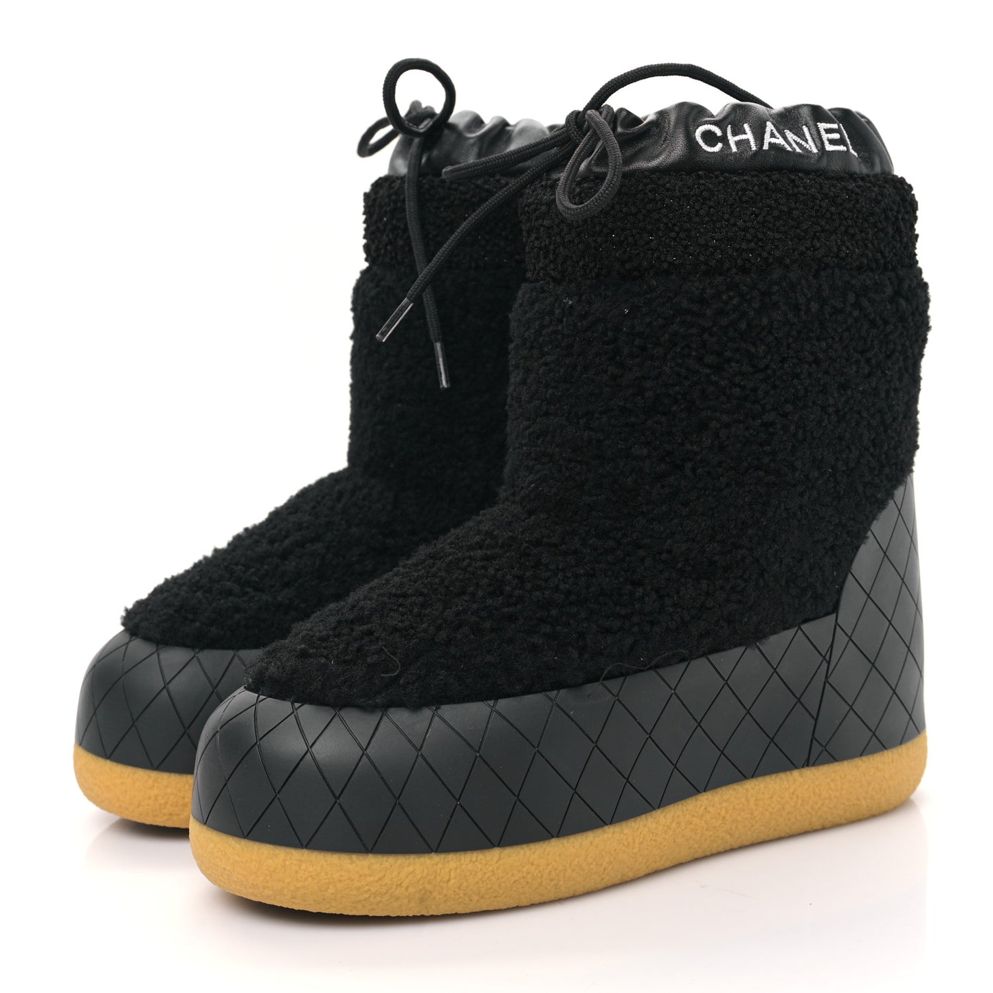 Tweed Shearling Sheepskin Drawstring Snow Ankle Boots 36 Black