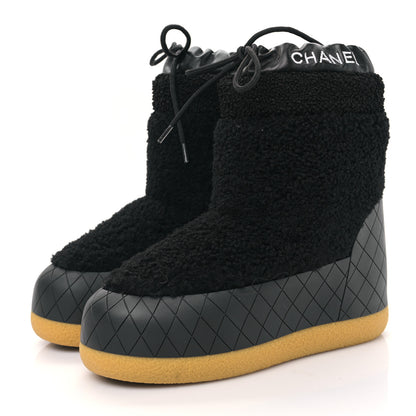 Chanel Tweed Shearling Sheepskin Drawstring Snow Ankle Boots 36 Black 3 of 8