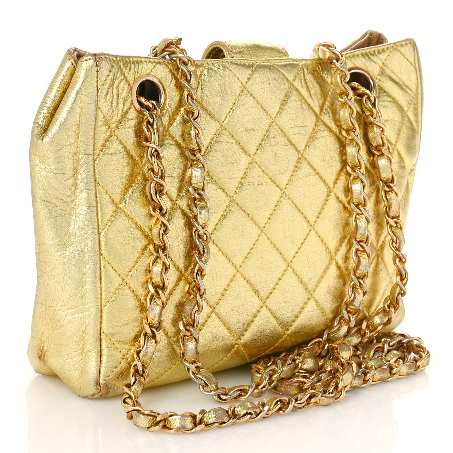 Metallic Lambskin Crystal Quilted Shoulder Bag Gold