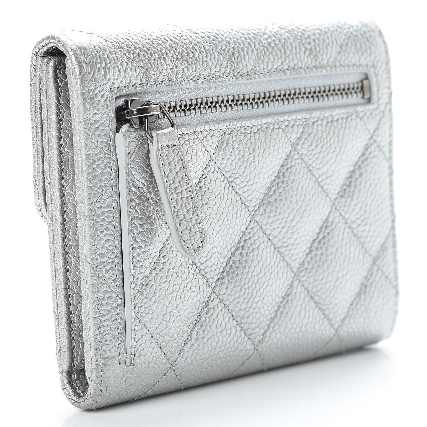 Metallic Caviar Quilted Compact Flap Wallet Silver