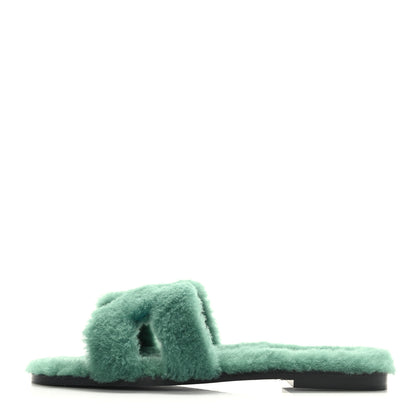 Hermes Woolskin Oran Sandals 37.5 Vert Anglais 1 of 7
