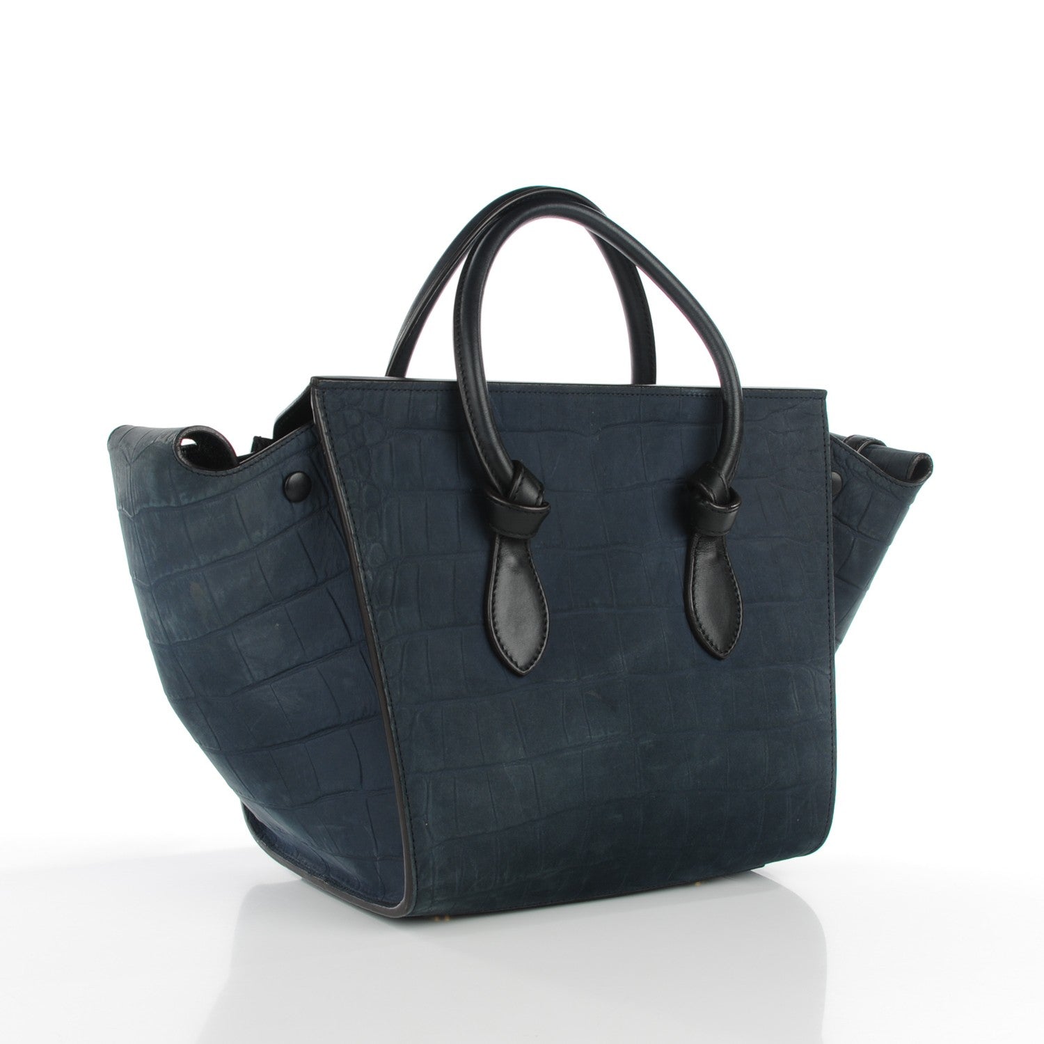 Celine Smooth Calfskin Nubuck Crocodile Embossed Small Tie Knot Tote Navy 3 of 7