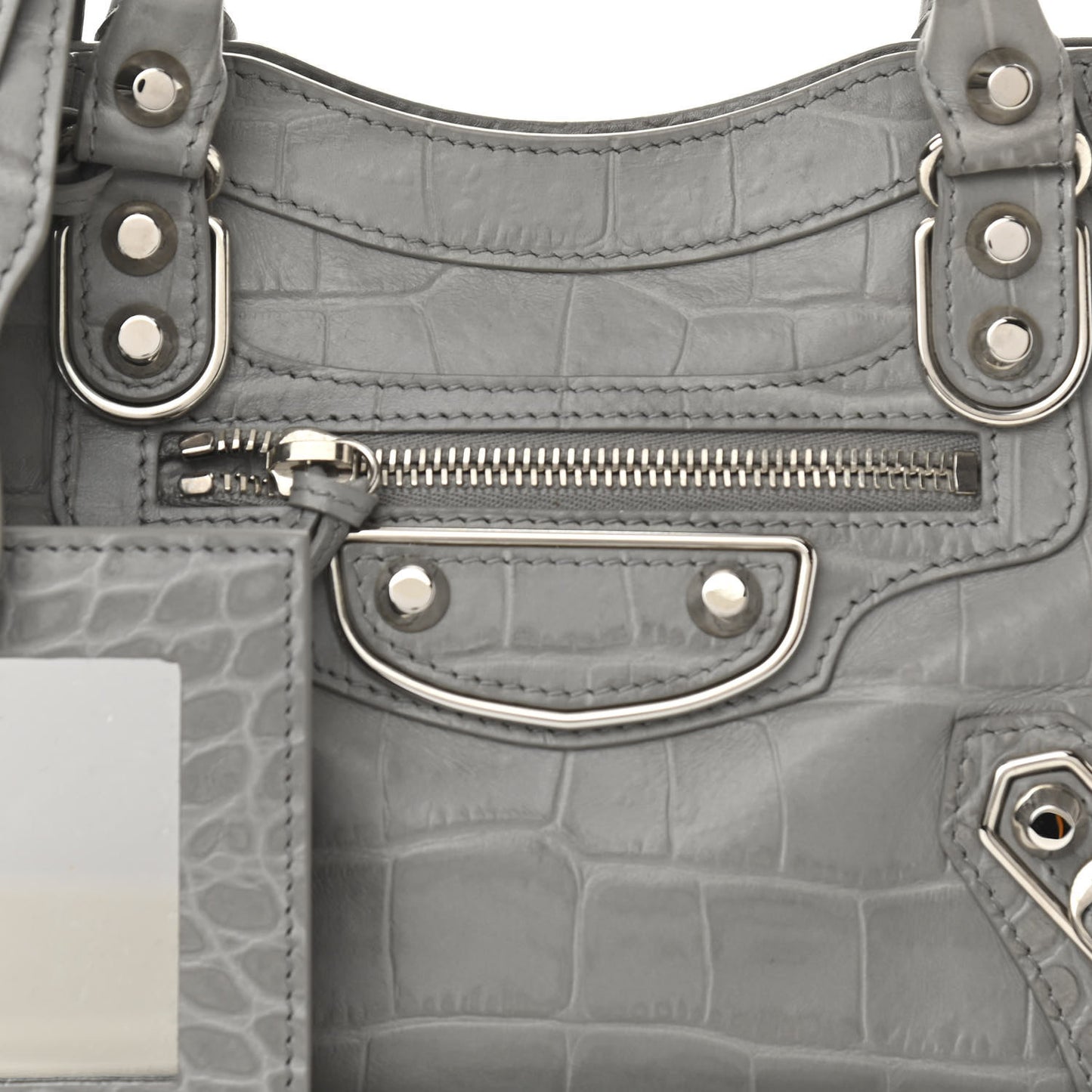 Calfskin Crocodile Embossed Silver Metallic Edge Hardware Mini City Haussmannien
