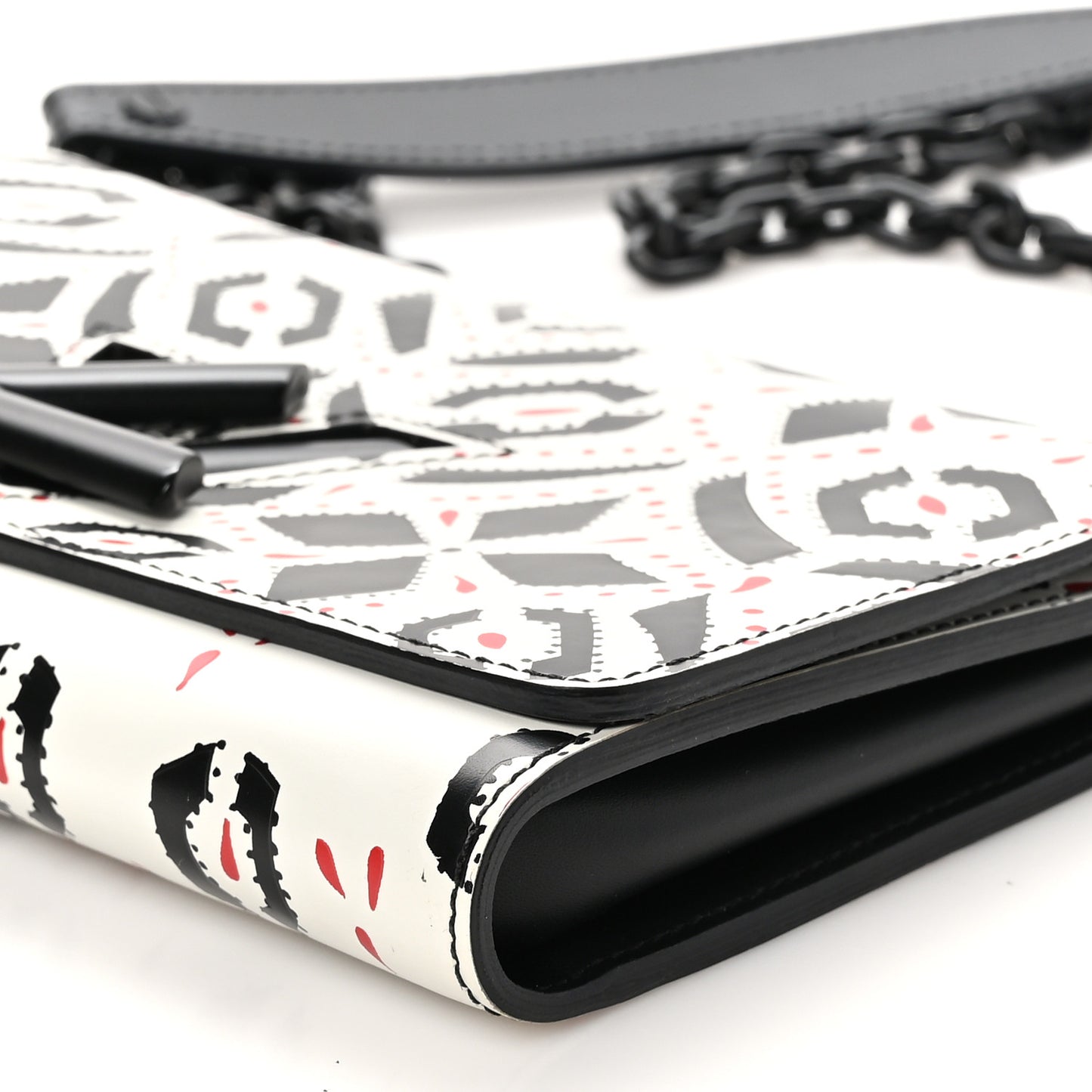 Calfskin Graphic Print Twist Chain Wallet White Black White Black