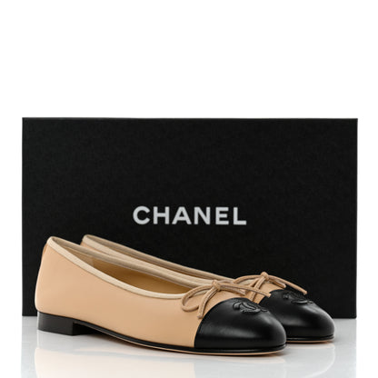 Chanel Lambskin Cap Toe CC Ballerina Flats 37 Beige Black 9 of 9