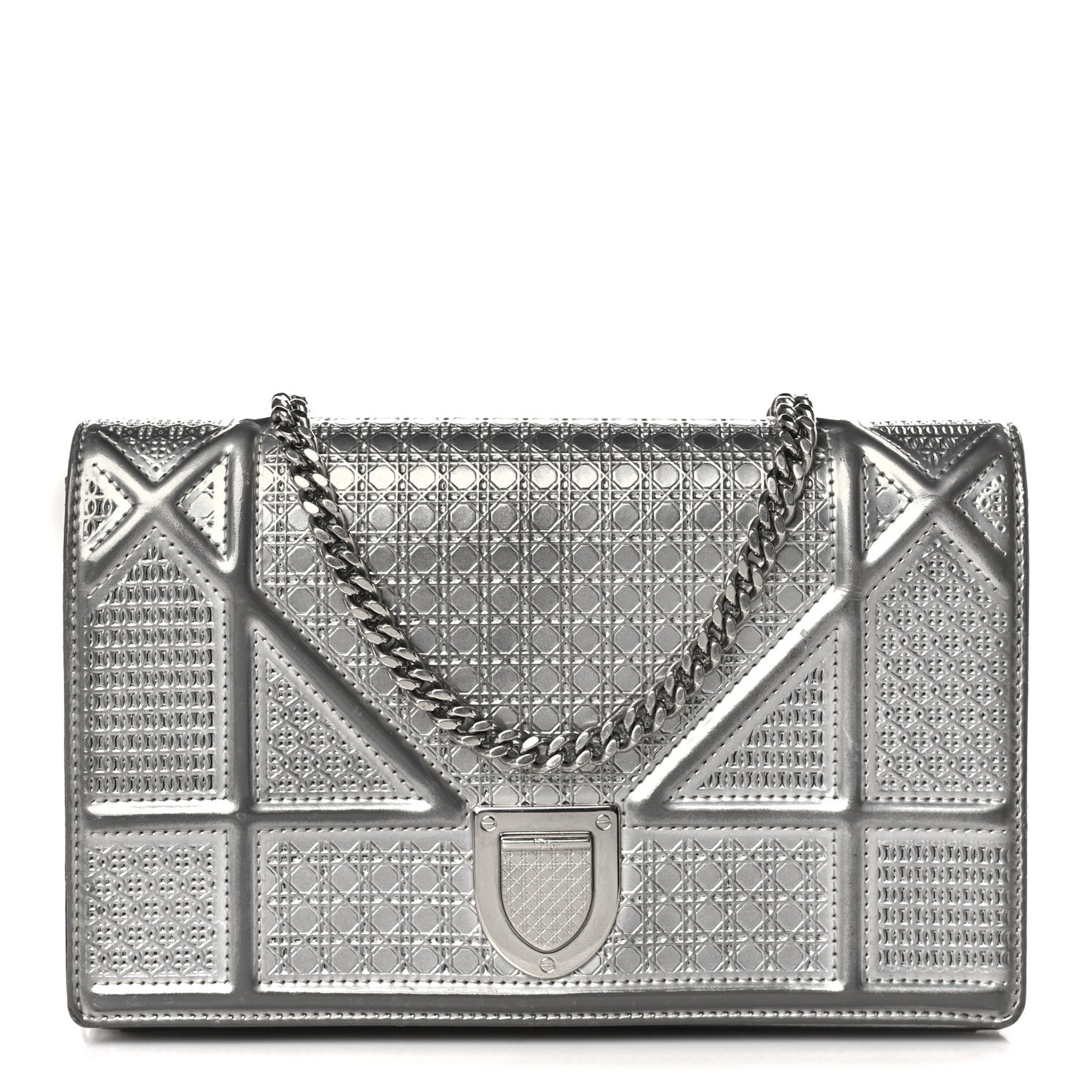 Metallic Patent Micro-Cannage Diorama Wallet on Chain Pouch Silver