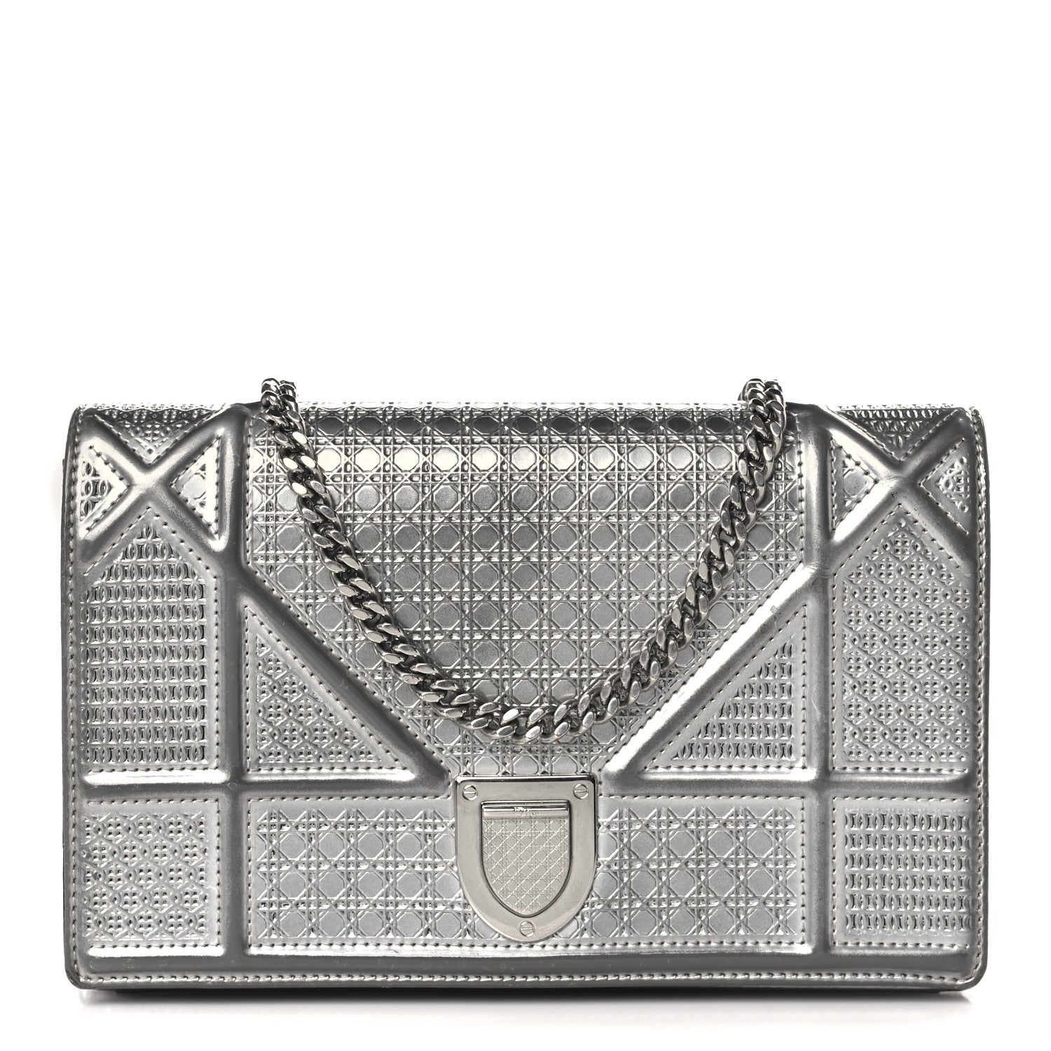 Christian Dior Metallic Patent Micro-Cannage Diorama Wallet on Chain Pouch Silver 1 of 11