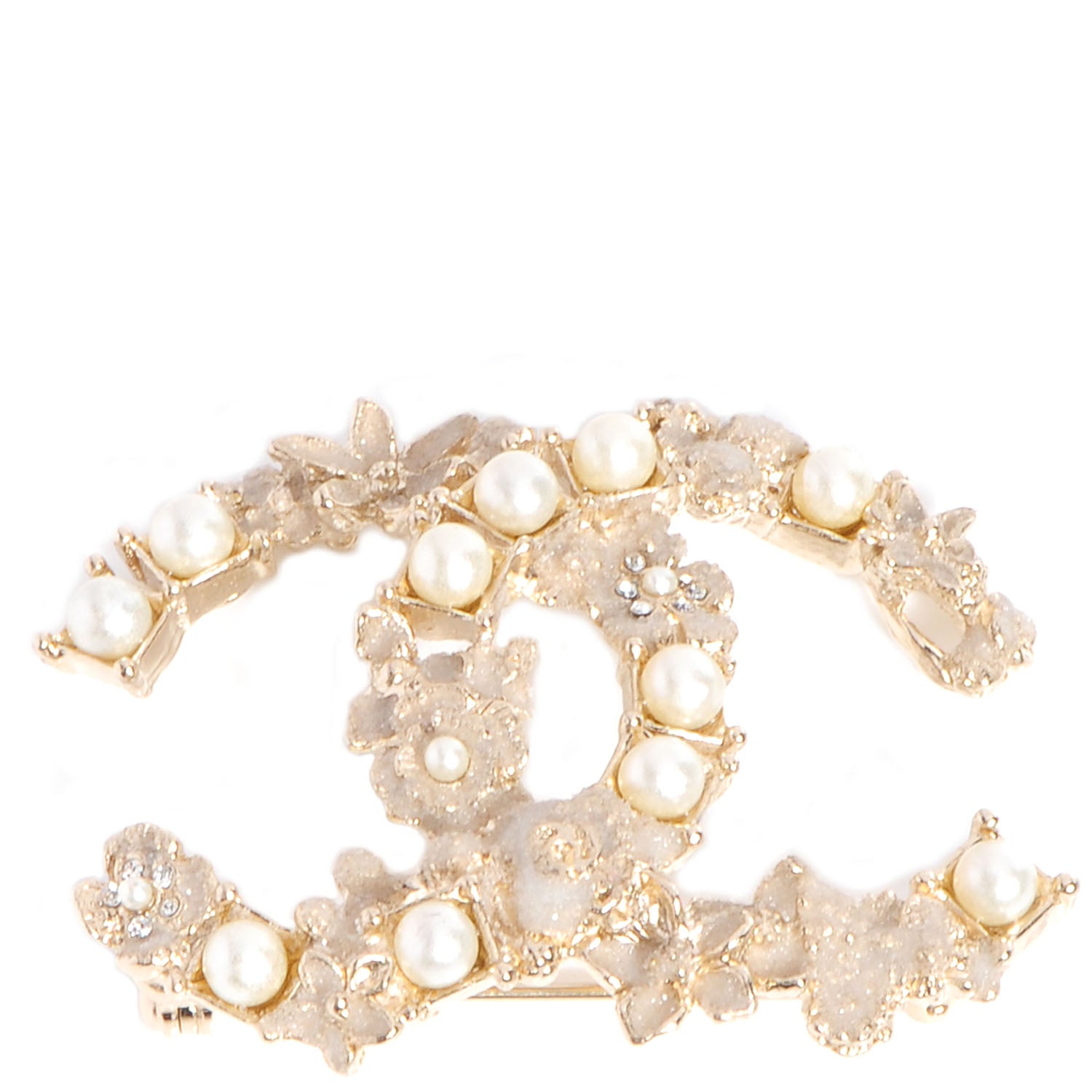 Chanel Pearl Crystal Mother of Pearl CC Flower Brooch Gold 1 of 6