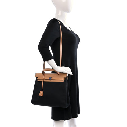 Hermes Toile Vache Calfskin Herbag 30 PM Black Natural 3 of 14