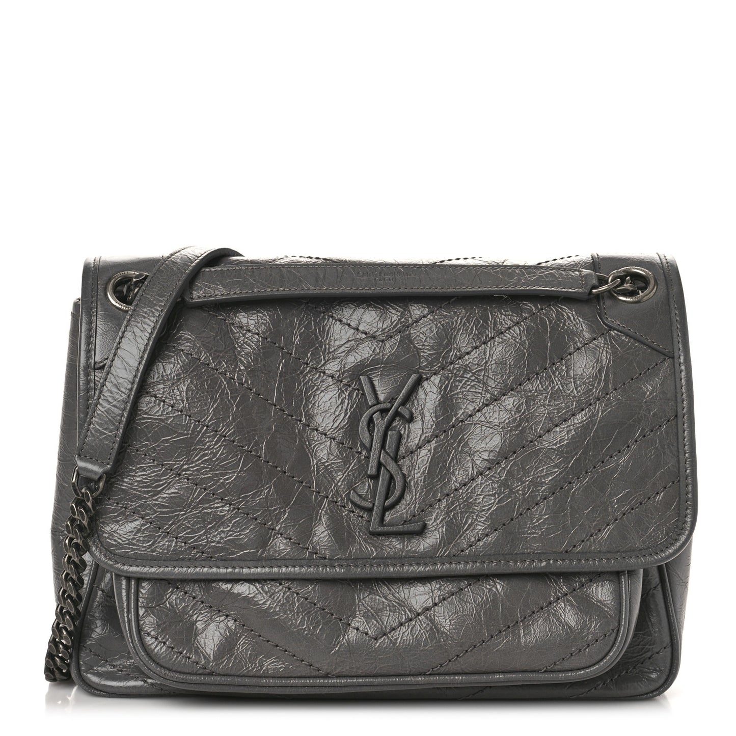 Crinkled Calfskin Matelasse Monogram Medium Niki Chain Satchel Fog