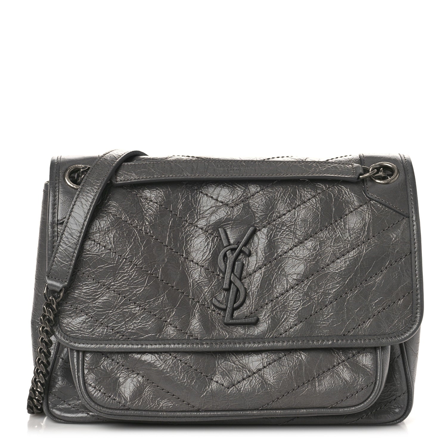 Saint Laurent Crinkled Calfskin Matelasse Monogram Medium Niki Chain Satchel Fog 1 of 9