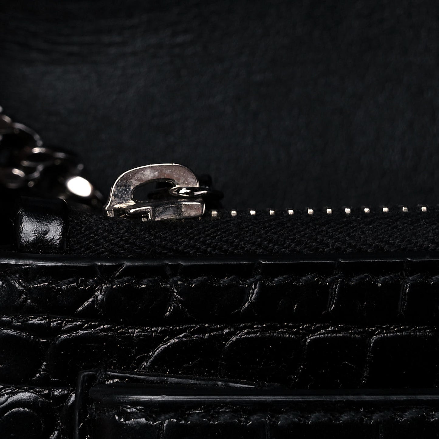 Calfskin Crocodile Embossed Monogram Sunset Chain Wallet Black