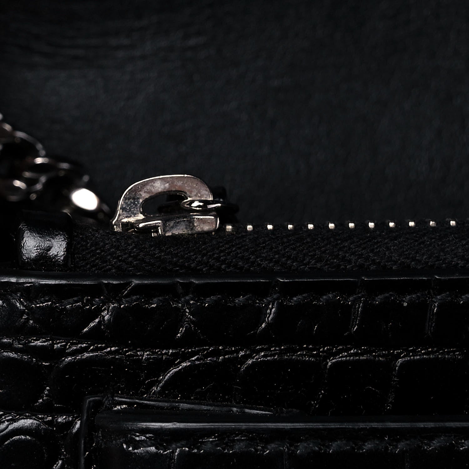 Saint Laurent Calfskin Crocodile Embossed Monogram Sunset Chain Wallet Black 14 of 15