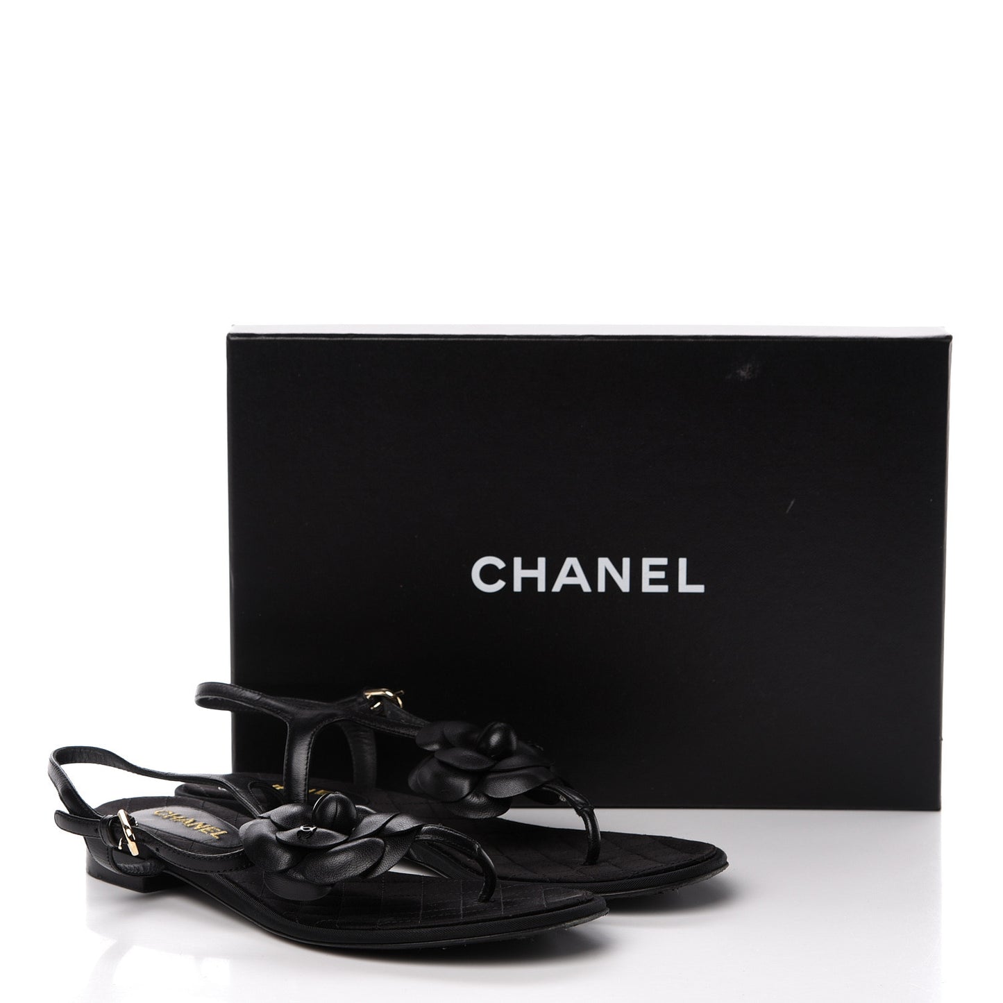 Lambskin Camellia Thong Sandals 38.5 Black
