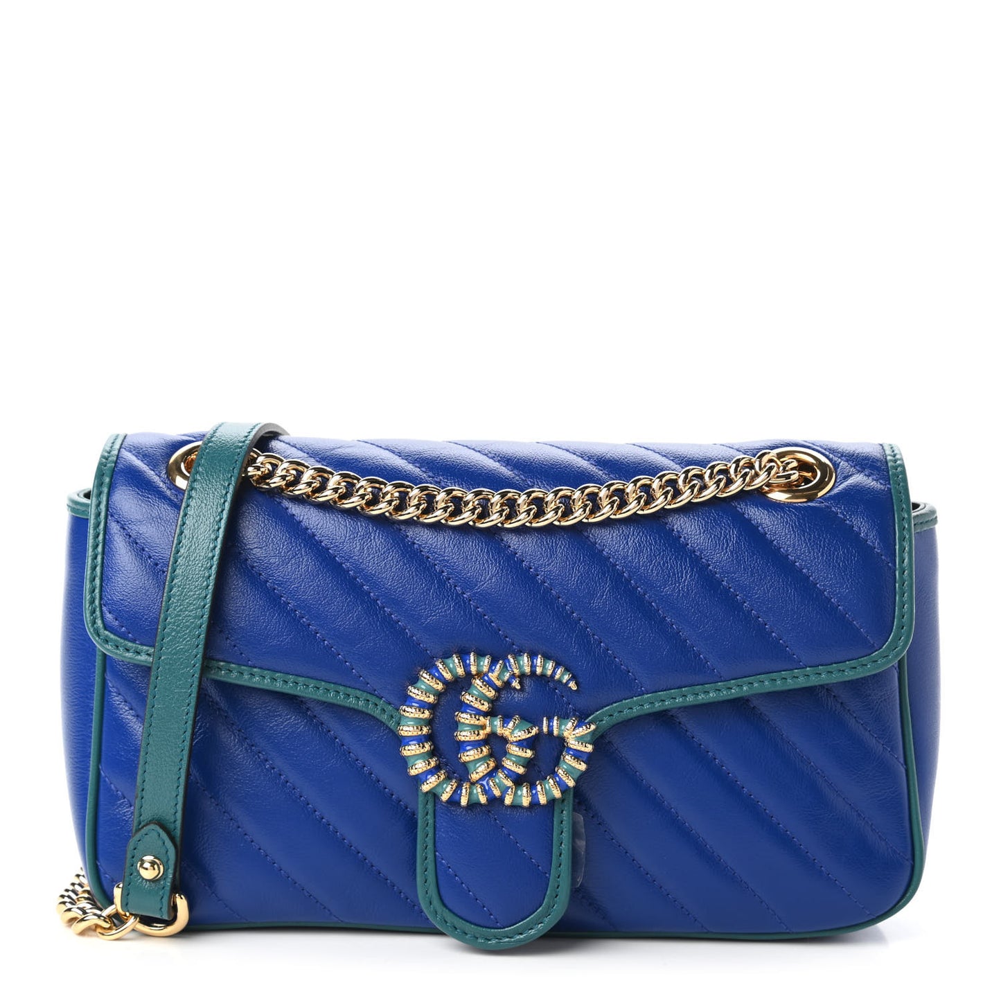 Azalea Calfskin Enamel Matelasse Diagonal Small Torchon GG Marmont Shoulder Bag Imperial Blue Pavone