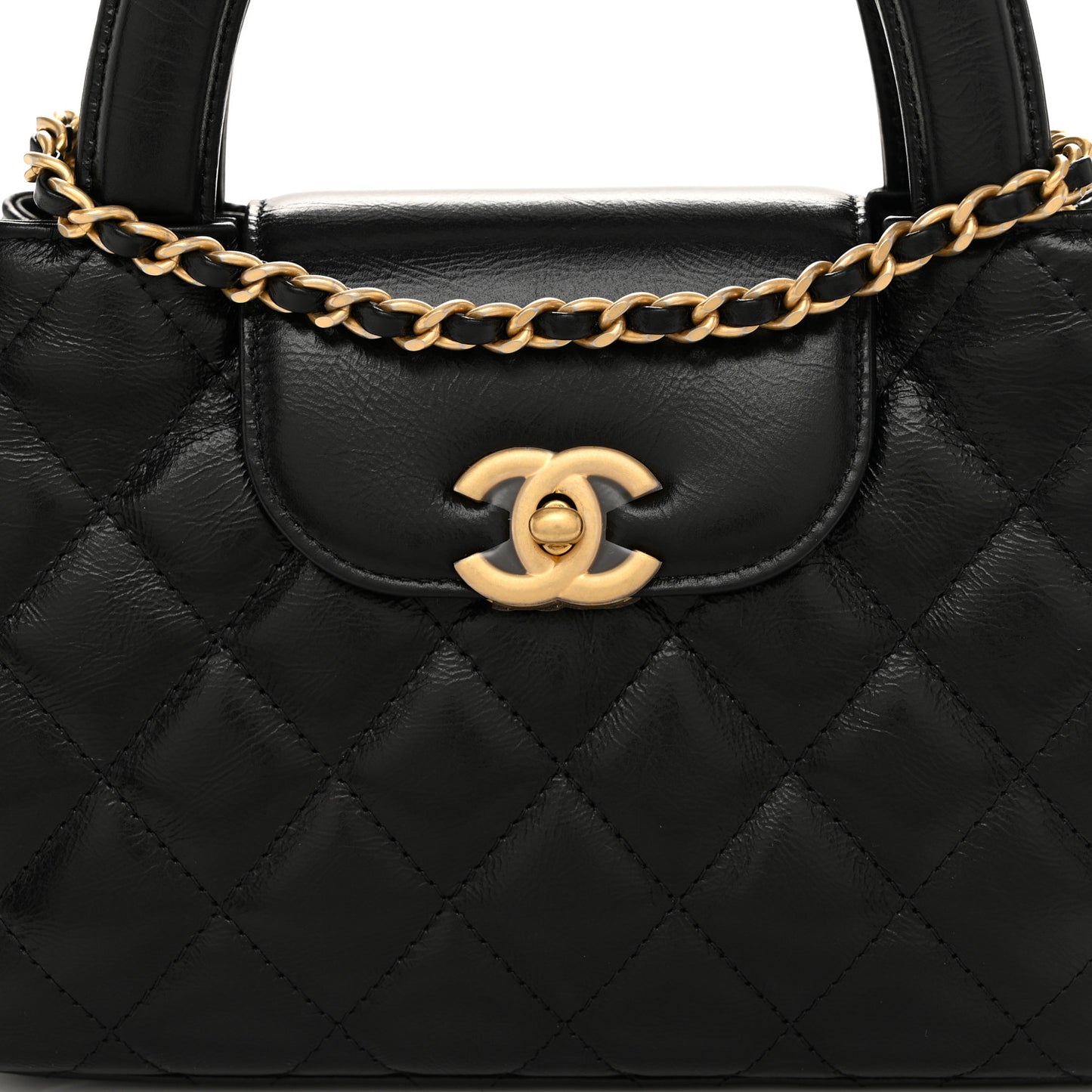 Shiny Aged Calfskin Quilted Nano Kelly Shopper Black