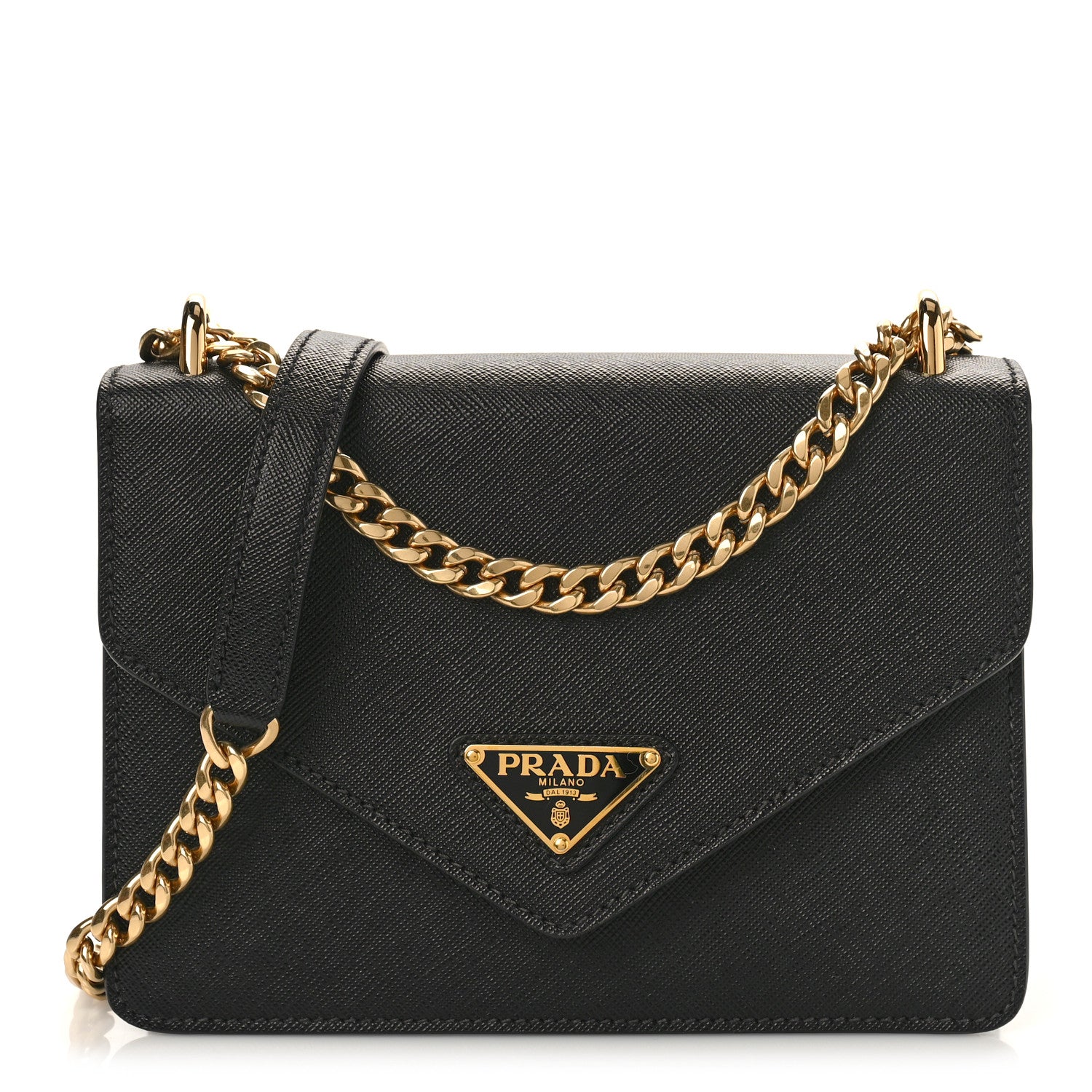 Prada Saffiano Soft Calfskin Metal Triangle Logo Envelope Chain Shoulder Bag Black 1 of 8