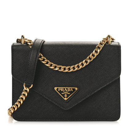 Prada Saffiano Soft Calfskin Metal Triangle Logo Envelope Chain Shoulder Bag Black 1 of 8