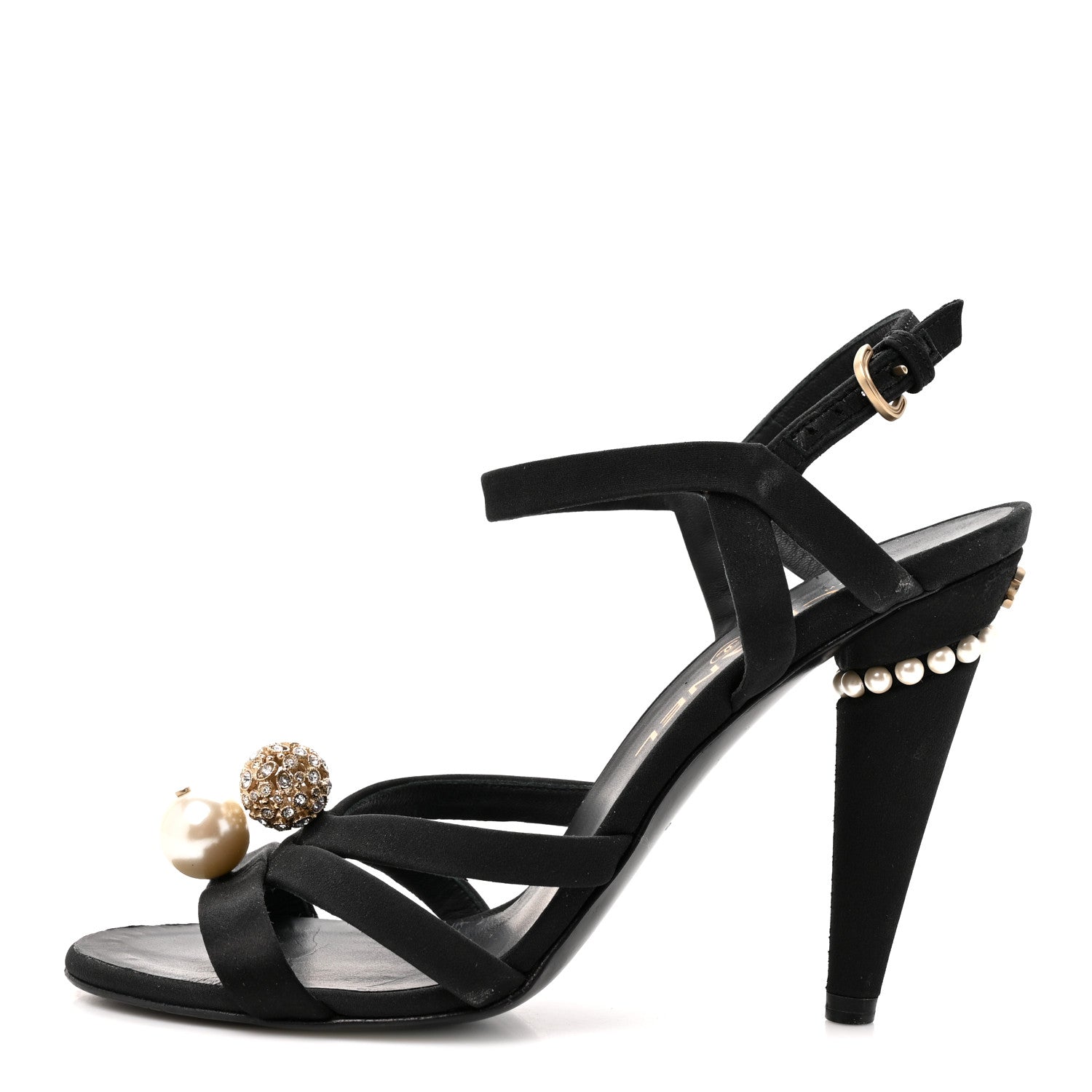 Chanel Satin Pearl Crystal Sandals 37 Black 1 of 8