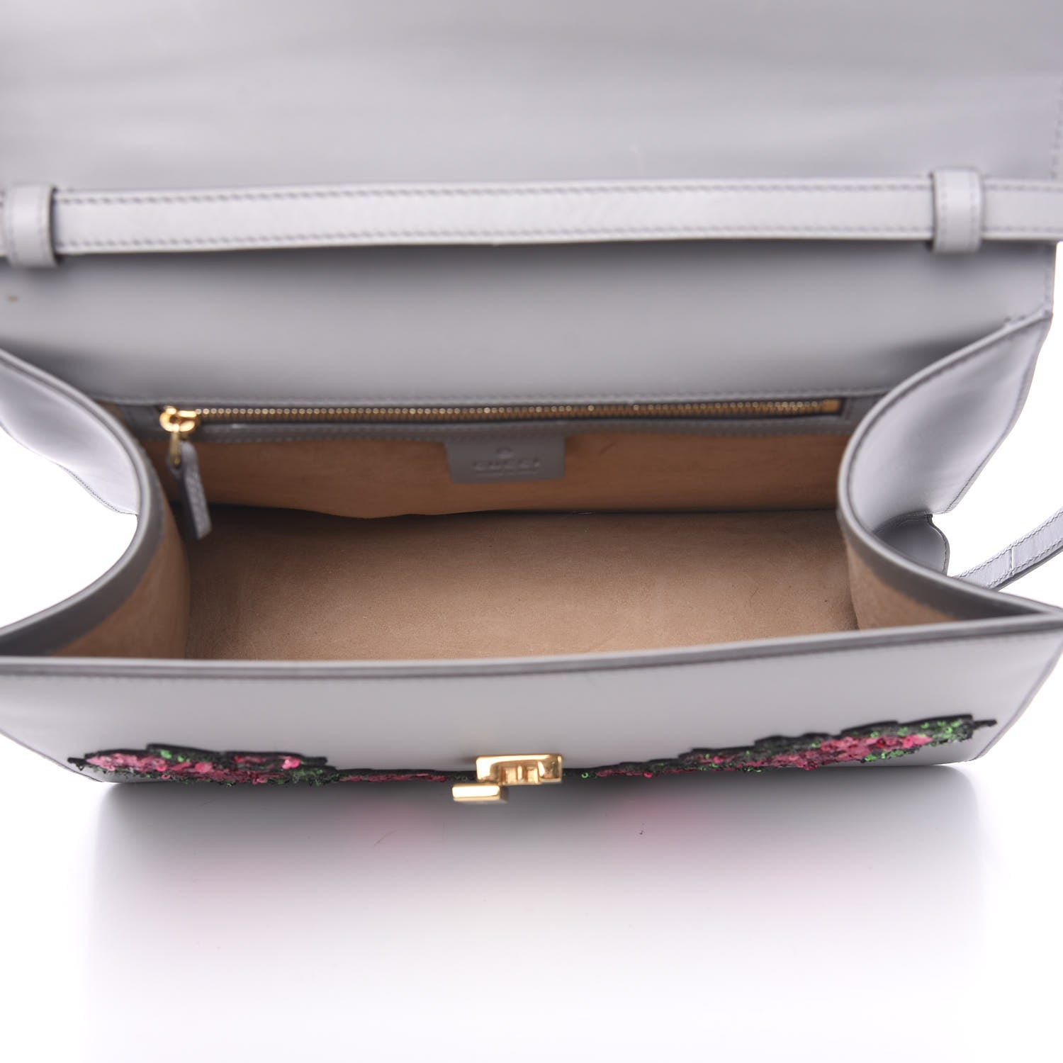 Gucci Calfskin Emboridered Medium Sylvie Top Handle Bag Deep Grey Multicolor 4 of 13