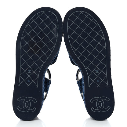 Chanel Cotton Tweed Quilted CC Platform Sandals 40 Blue 5 of 9