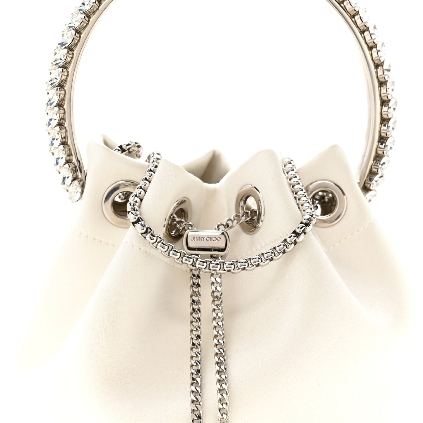 Satin Crystal Embellished Bon Bon Bucket Bag White
