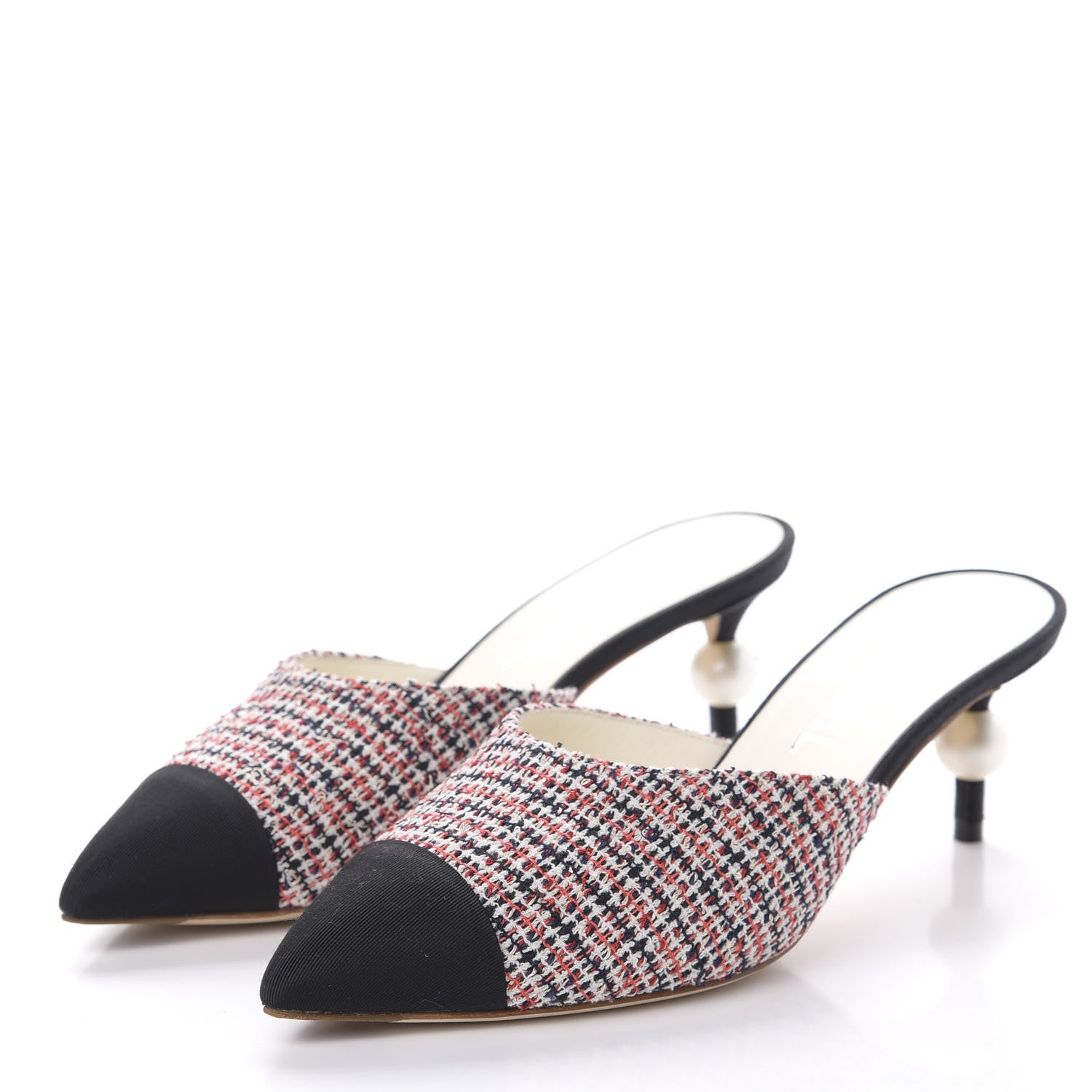 Chanel Tweed Grosgrain Pearl Cap Toe Mules 37 Black Red 3 of 9