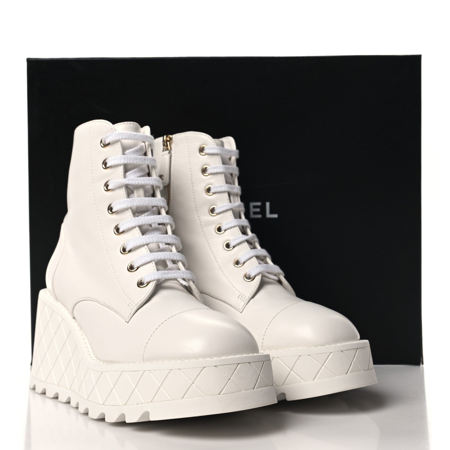 Chanel Lambskin Quilted Lace Up Wedge Combat Boots 36 White