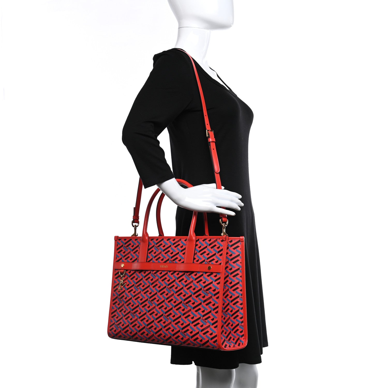 Versace Coated Canvas Calfskin La Greca Signature Tote Bag Blue Red 2 of 9
