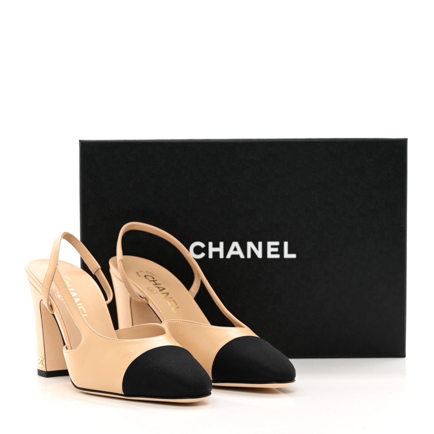 Goatskin Grosgrain Cap Toe CC Slingback Pumps 39 Beige Black