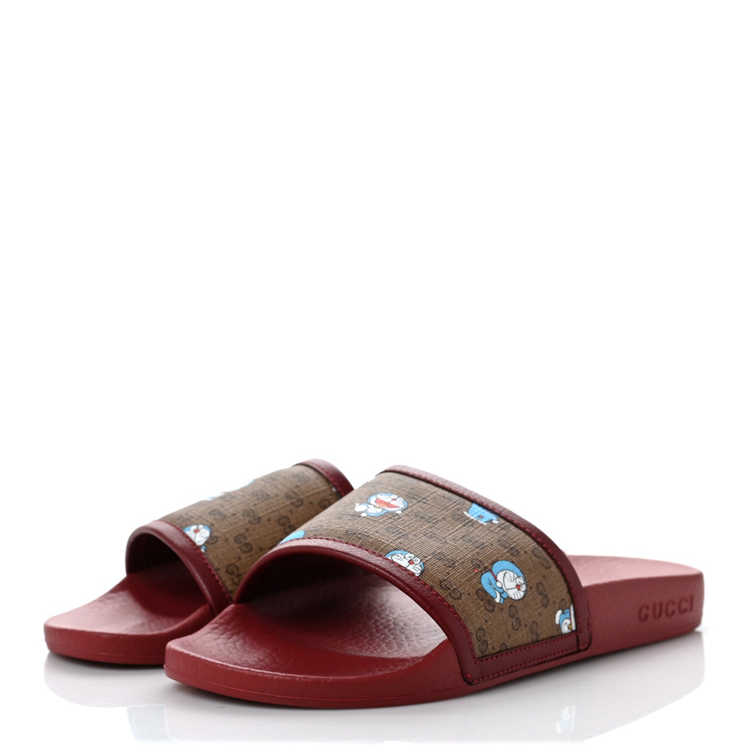 Gucci X DORAEMON Mini Vintage GG Supreme Monogram Womens Slide Sandals 35 Beige Cherry Red 3 of 8