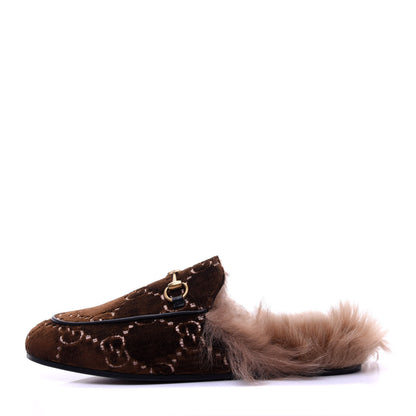 Gucci Velvet GG Monogram Fur Womens Princetown Slippers 37.5 Brown Black Natural 1 of 20