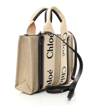 Chloe Linen Calfskin Small Woody Ribbon Tote White Black 3 of 10