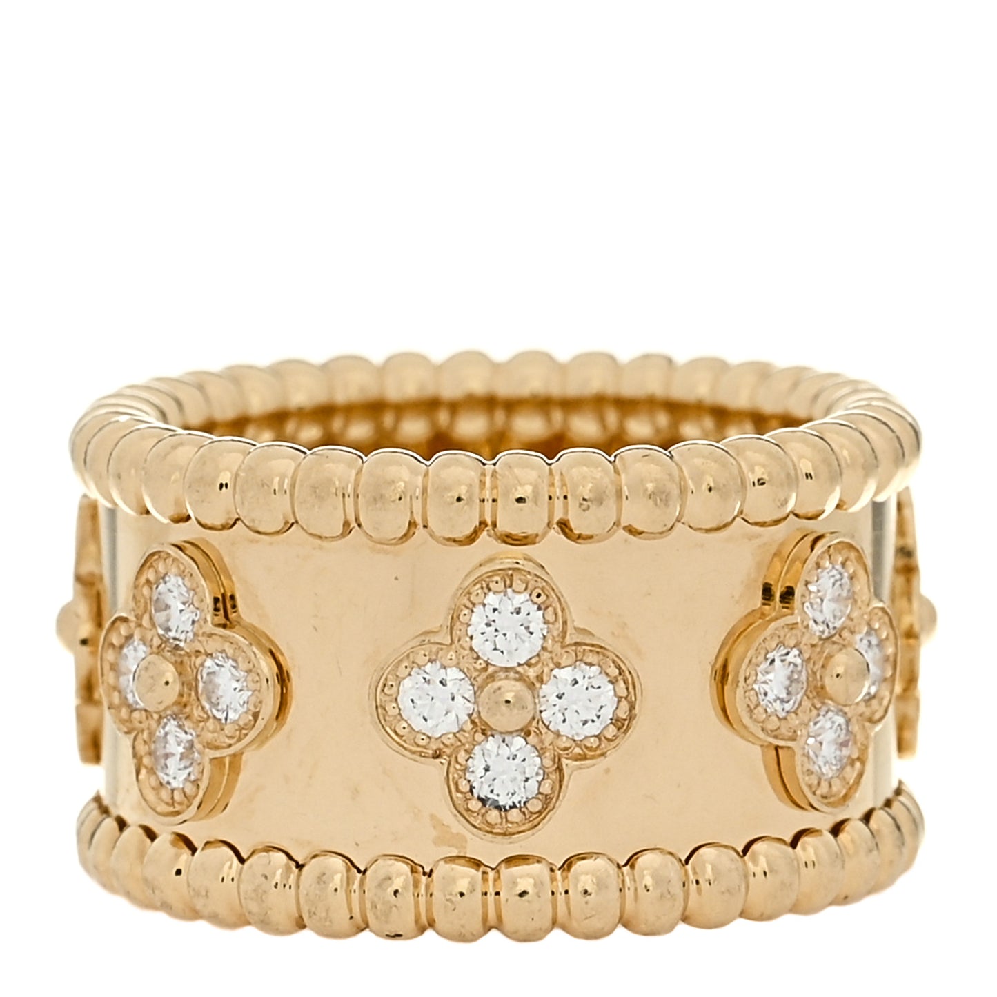 18K Yellow Gold Diamond Perlee Clovers Ring 47 4