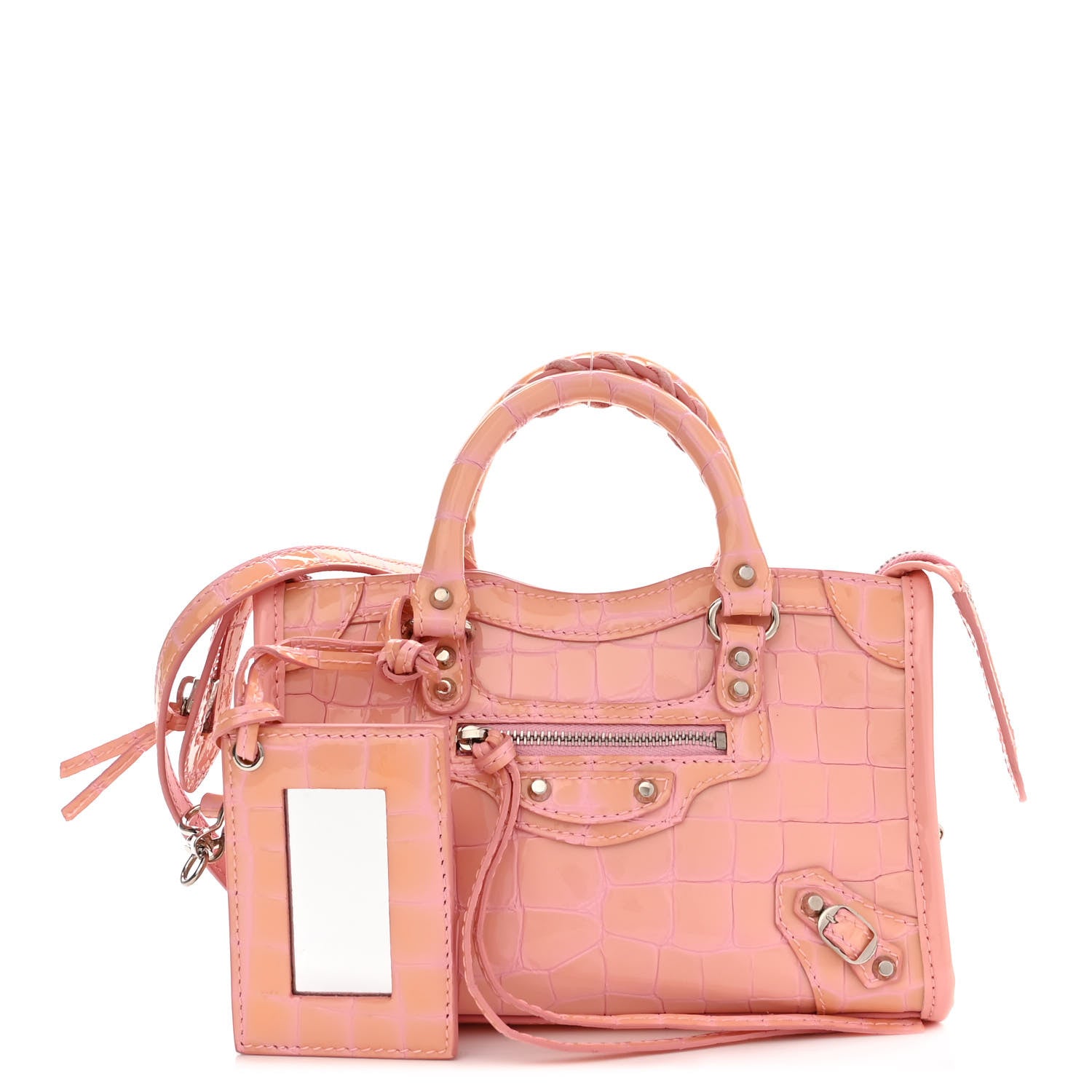 Balenciaga Patent Crocodile Embossed Classic Silver Hardware Nano City Light Pink 1 of 9