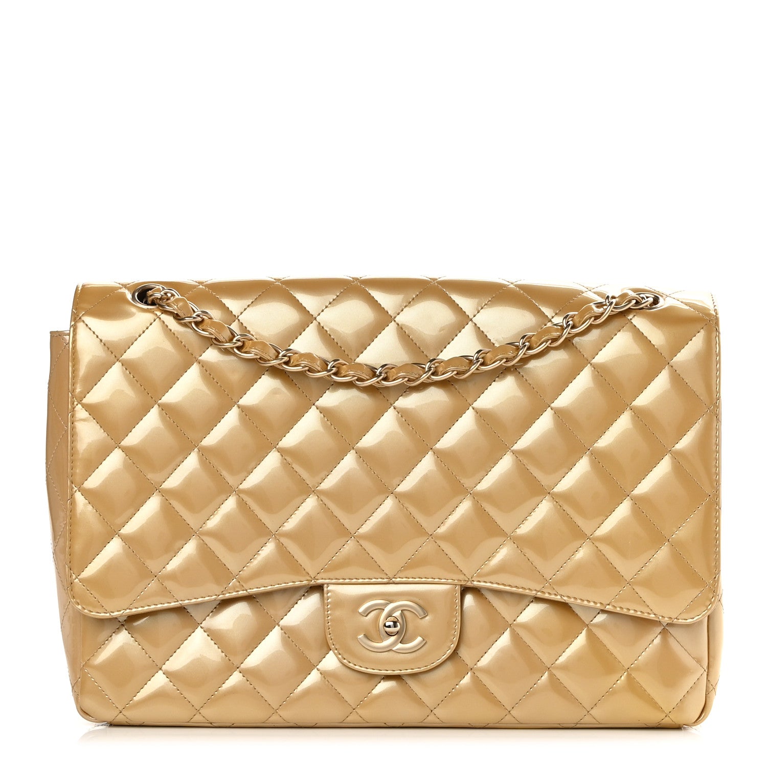 Chanel Metallic Patent Quilted Maxi Single Flap Beige 1 of 16