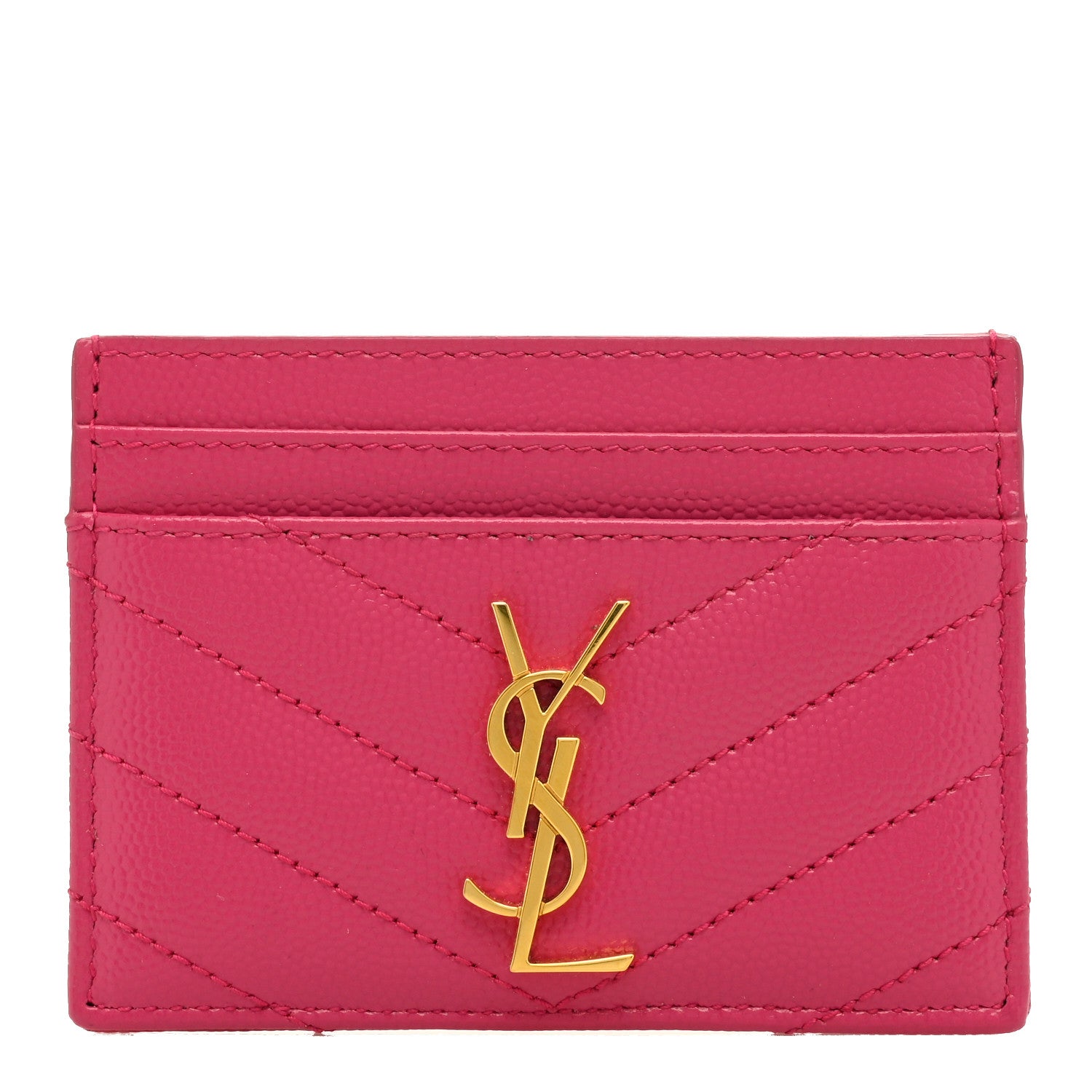 Saint Laurent Grain De Poudre Matelasse Chevron Monogram Credit Card Case Fresh Fuxia 1 of 7