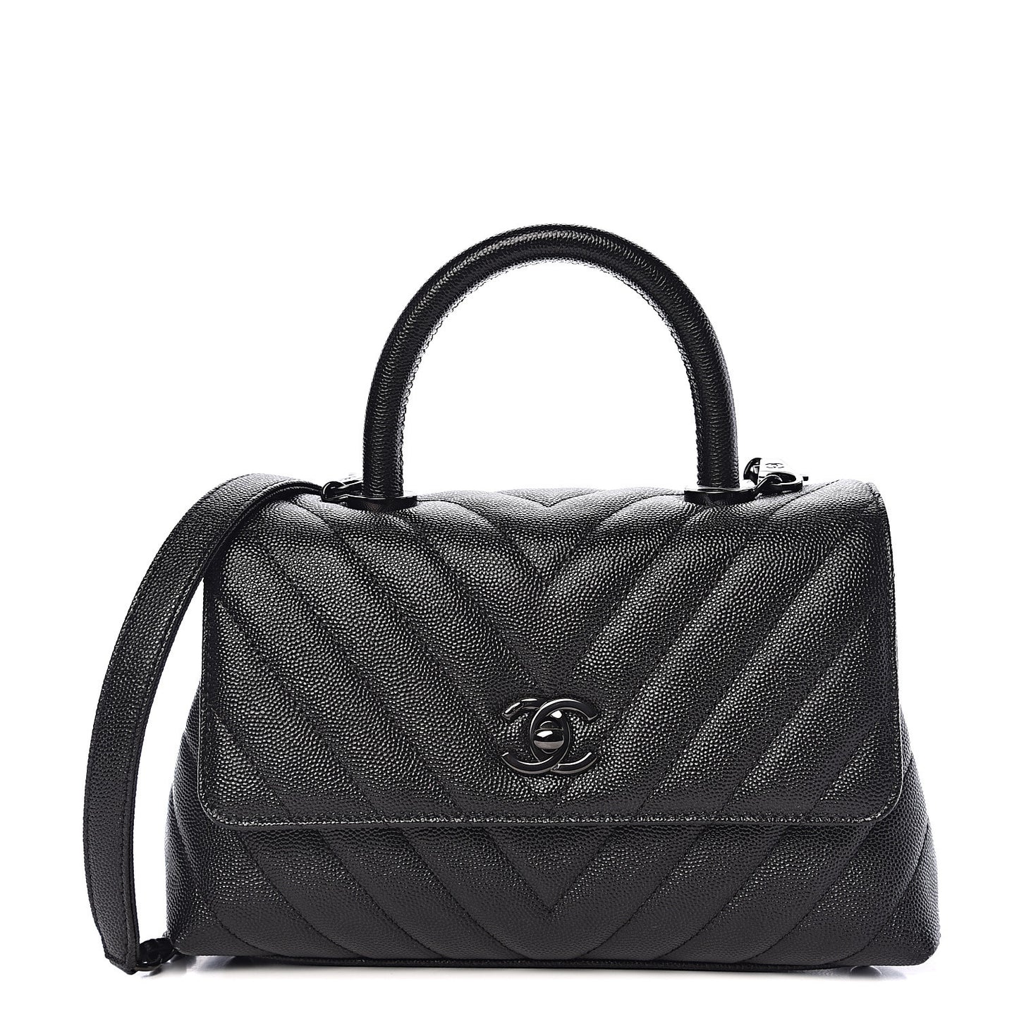 Caviar Chevron Quilted Mini Coco Handle Flap So Black