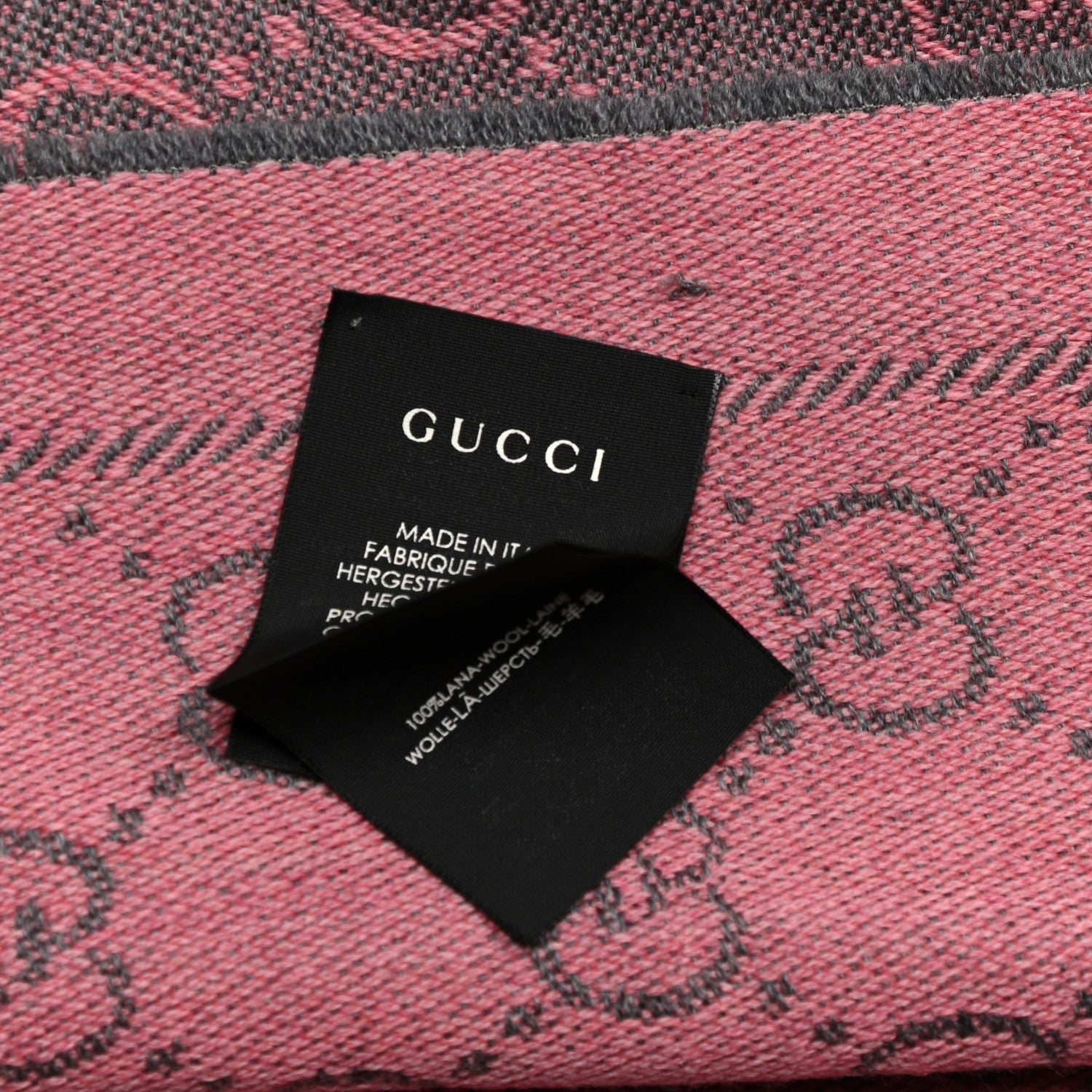 Gucci Wool Jacquard GG Monogram Sten Fringe Scarf Graphite Pink 6 of 6