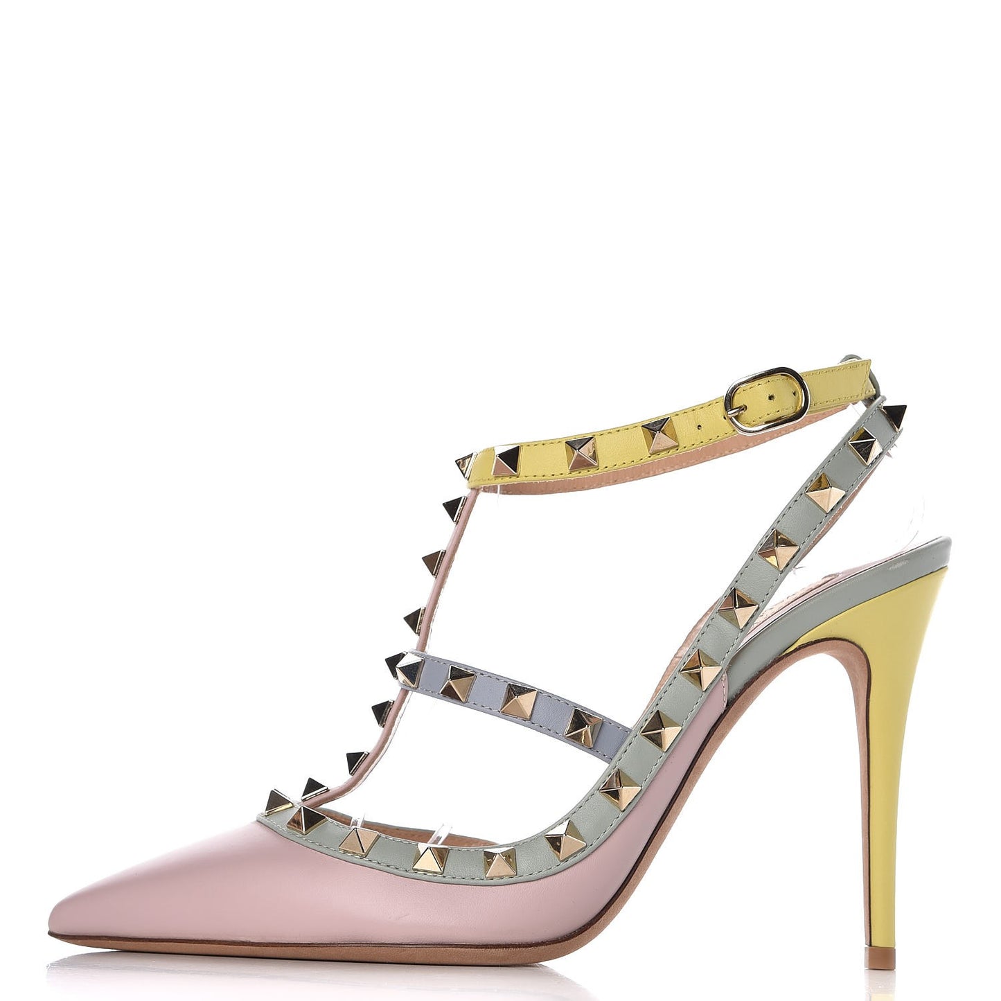 Nappa Watercolor Rockstud Ankle Strap 100mm Pumps 38 Rose Green Yellow Sky