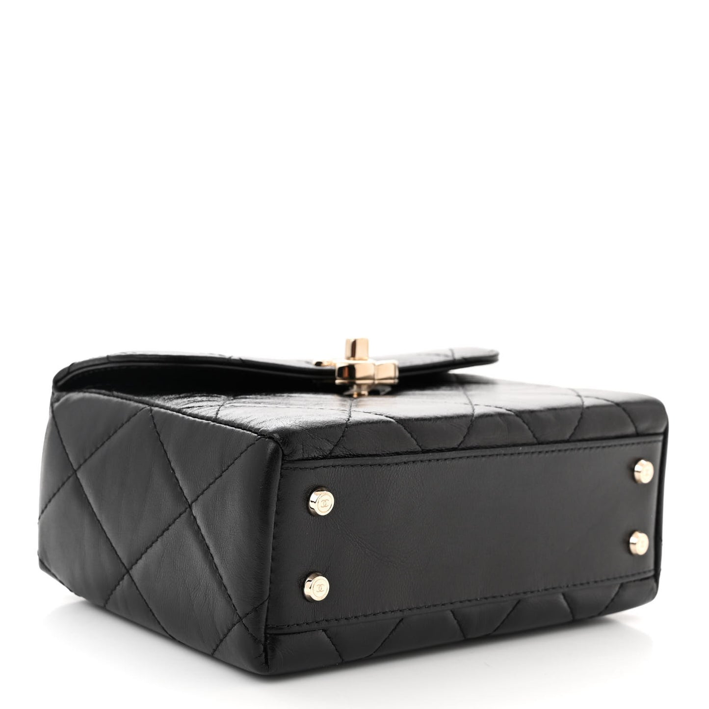 Shiny Calfskin Quilted Small CC Top Handle Box Bag Black