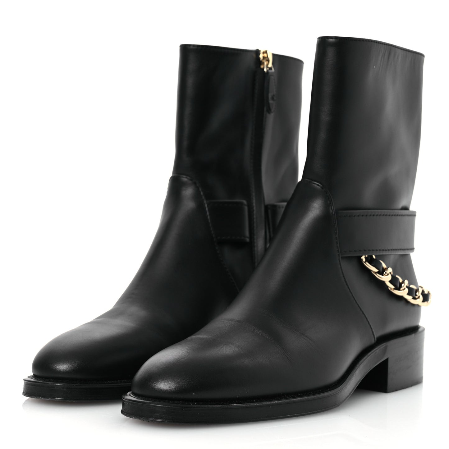 Calfskin Chain Short Boots 37.5 Black