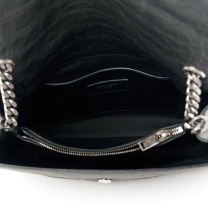 Saint Laurent Calfskin Crocodile Embossed Medium West Hollywood Monogram Fold-Over Black 6 of 11