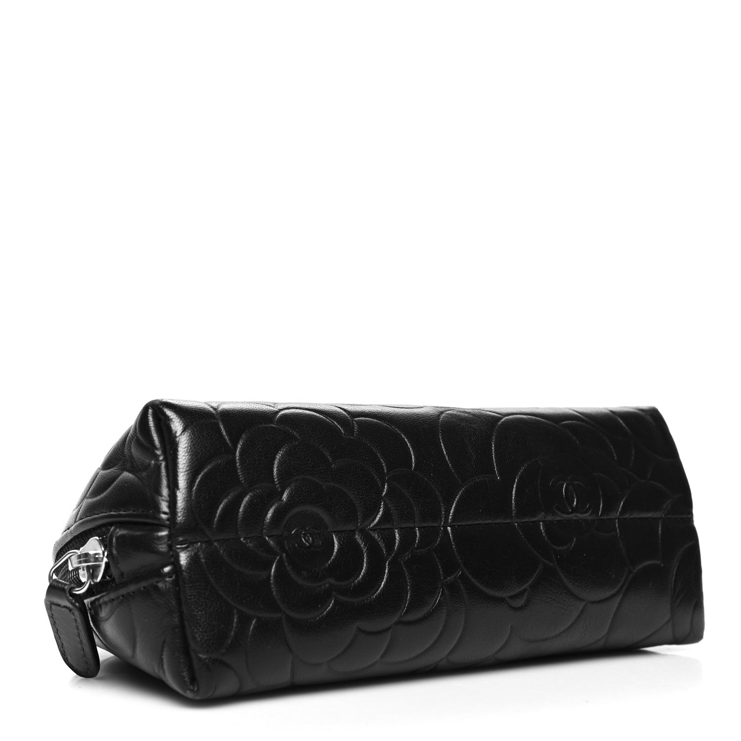 Lambskin Camellia Embossed Cosmetic Case Black