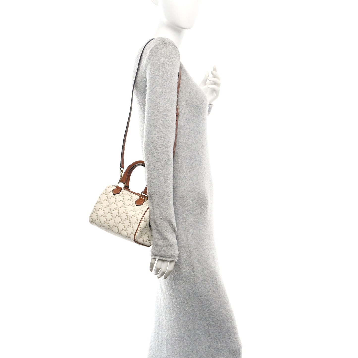 Triomphe Canvas Calfskin Small Boston Bag White