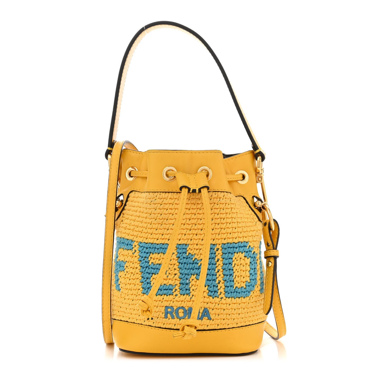Crochet Vitello King F is Fendi Logo Woven Mini Mon Tresor Bucket Bag Mimosa Cyber Blue