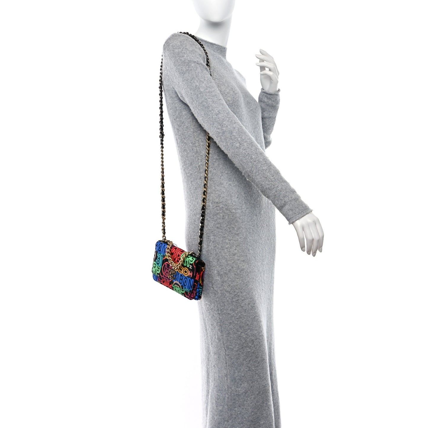 Fabric Printed Chanel 19 Wallet On Chain WOC Black Multicolor