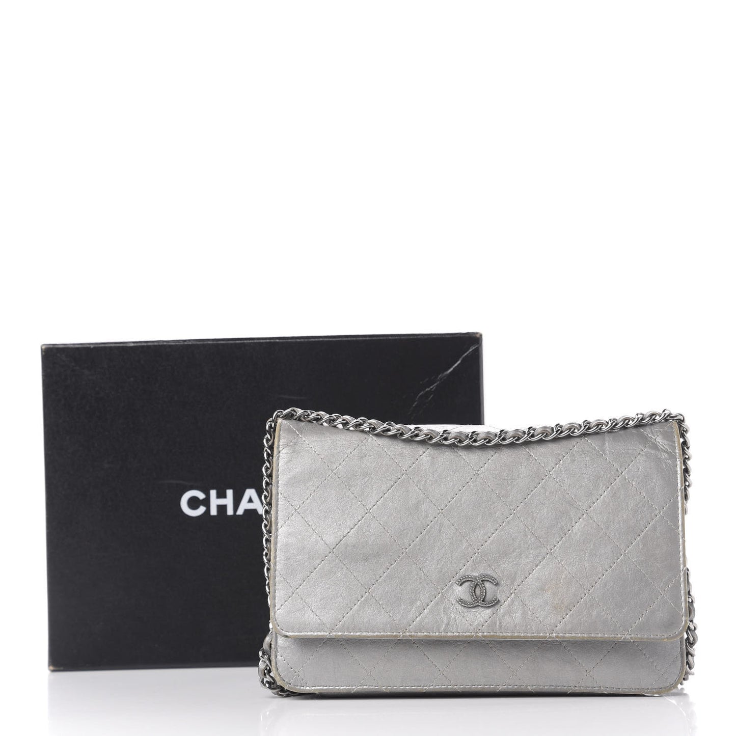 Metallic Aged Calfskin Quilted Wallet On Chain WOC Silver