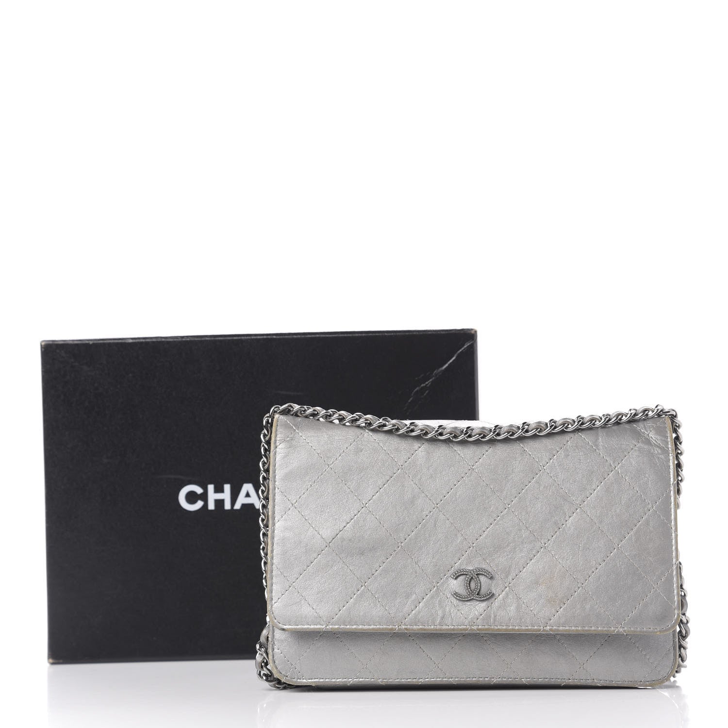 Chanel Metallic Aged Calfskin Quilted Wallet On Chain WOC Silver 13 of 13