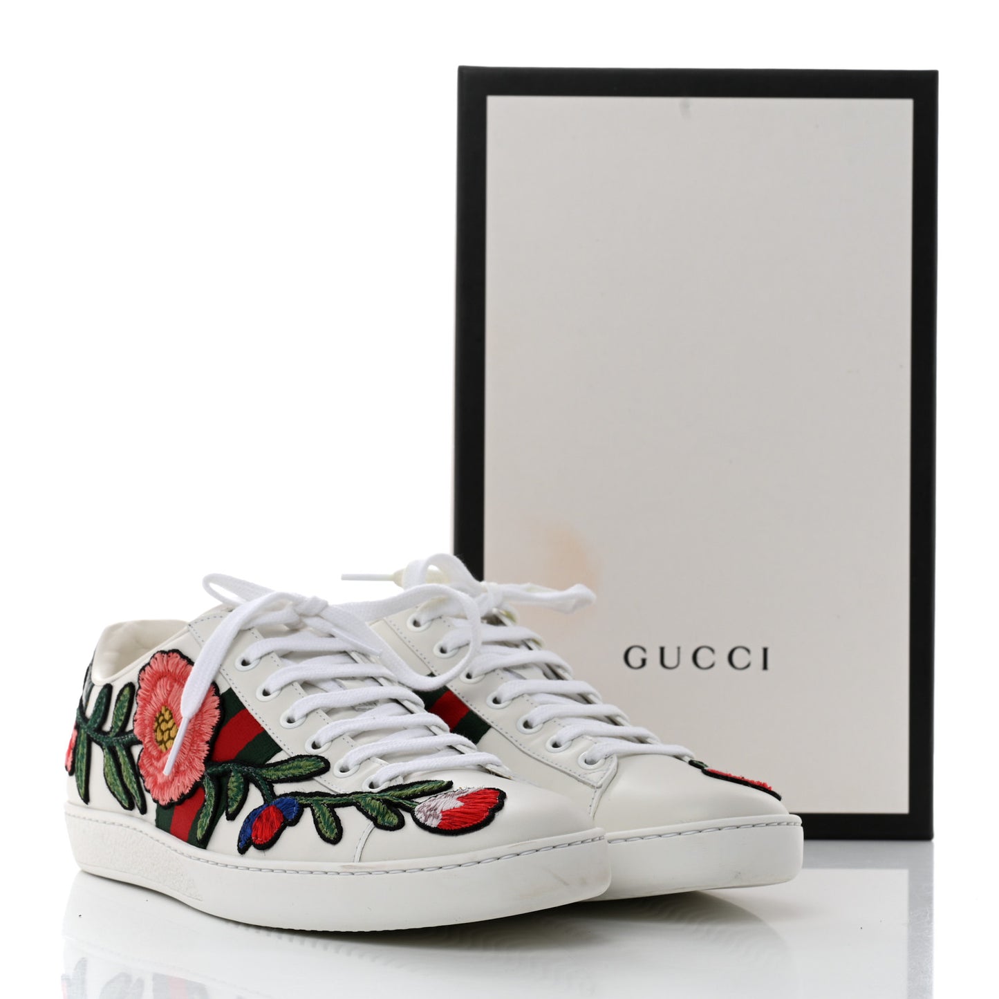 Calfskin Web Floral Embroidered Ace Sneakers 39.5 White